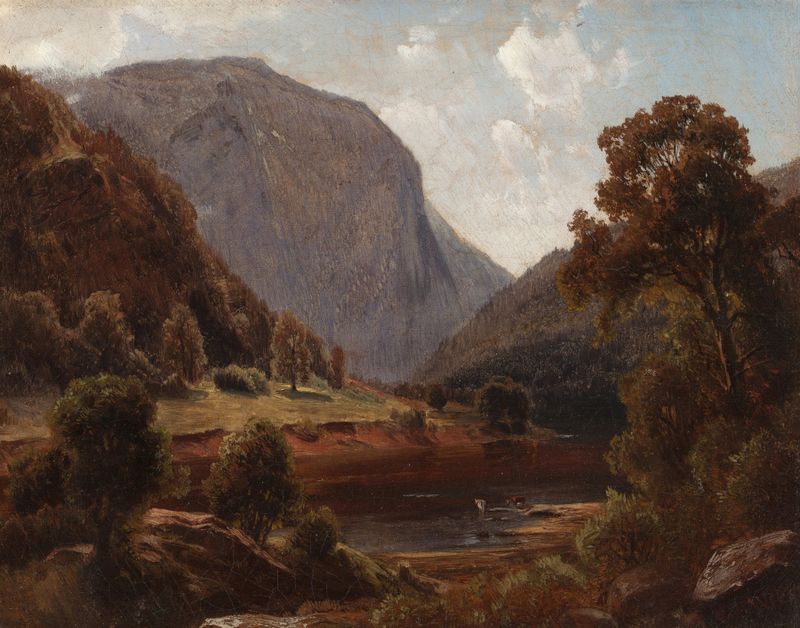 Hudson River Landscape by Paul Weber, oil on canvas depicting a serene river and forest scene.