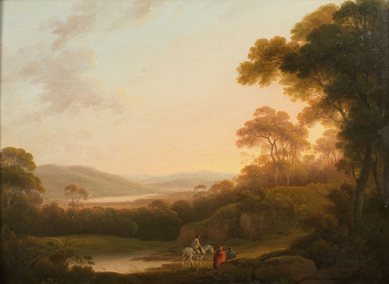 An Italianate landscape with figures on a path by John Rathbone, oil painting
