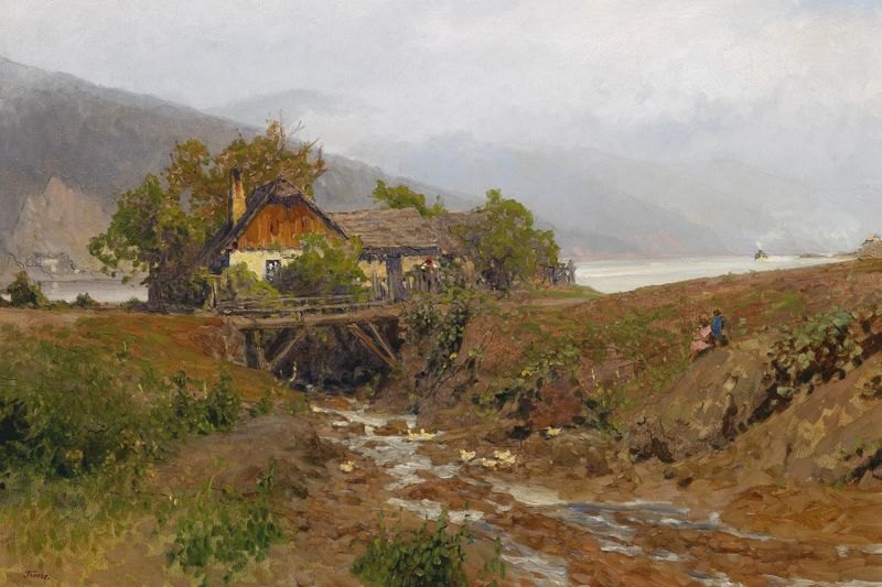 Landscape view of the Danube river by Heinrich Tomec, oil on canvas