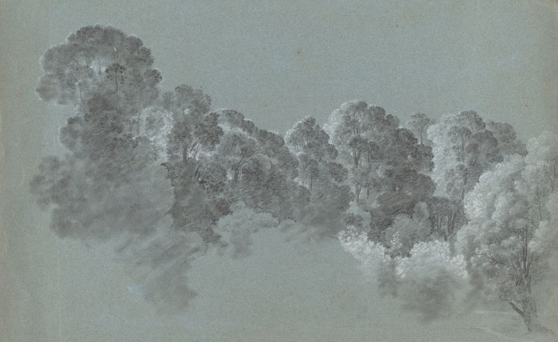 Forest Treetops Struck by Light, oil on canvas by Heinrich Rieter, showing vibrant greens and warm light.