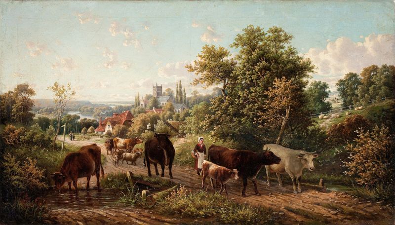 Extensive landscape near Hereford Cathedral and the River Wye, óleo sobre tela de E. R. Van Hampe