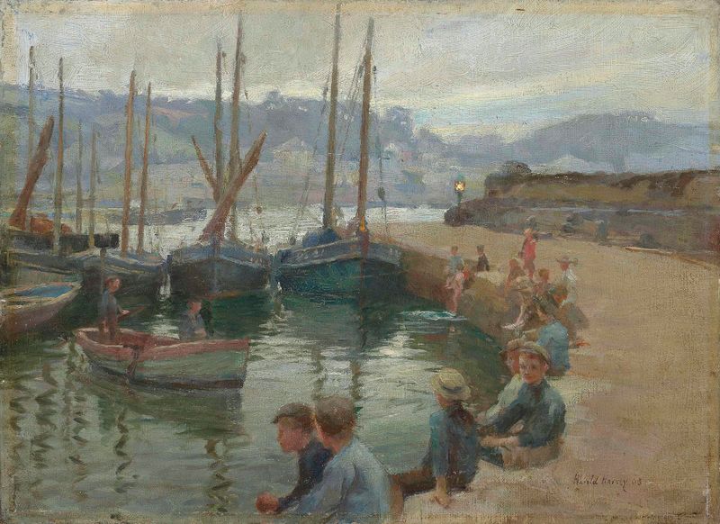 Boys on the harbor wall in a vibrant skyline, oil painting by Harold Charles Francis Harvey