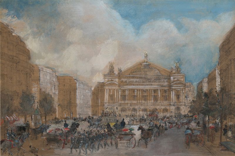 Genre scene depicting horses and soldiers in front of Opéra Garnier, oil on canvas by Edmond Morin