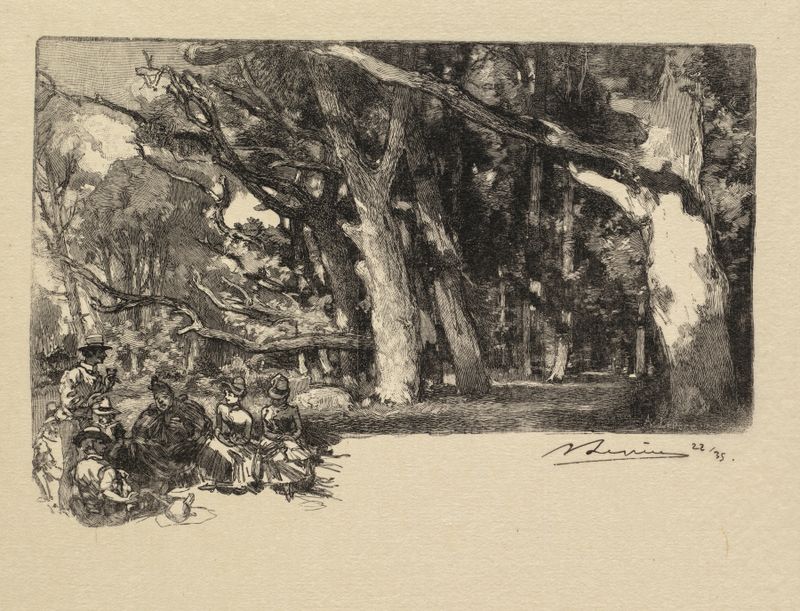 Grabado de Auguste Louis Lepère con dos mujeres sentadas en la hierba bajo la luz moteada del sol.