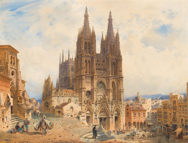 The Cathedral of Burgos by Friedrich Eibner, oil on canvas, showcases towering spires and warm sunlight.