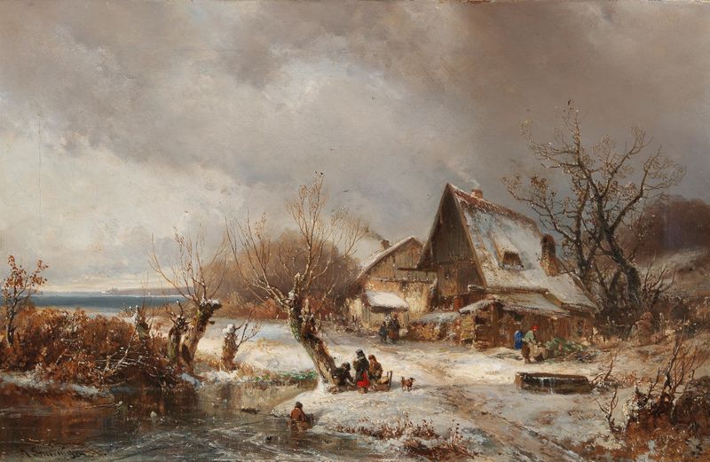 Winter landscape with farmstead, oil painting by Adolf Stademann