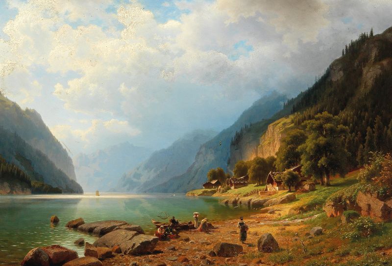 A Brewing Storm on Lake Brienz by Johann Joseph Jansen, oil on canvas depicting turbulent clouds over a lake.