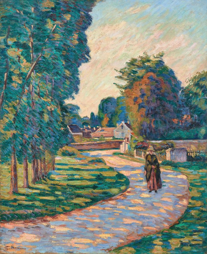 Femme sur un chemin à Epinay-sur-Orge de Armand Guillaumin, pintura a óleo de uma mulher caminhando em um caminho.
