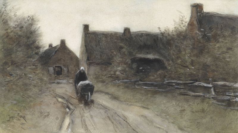 Genre scene of a woman with a wheelbarrow in a village, oil painting by Jan van Essen
