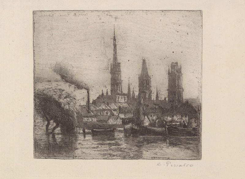 Cours la Reine ou Bords de la Seine, Rouen de Camille Pissarro, óleo sobre tela que retrata uma paisagem serena do rio.