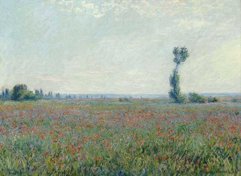 Poppy Field 2 de Claude Monet, pintura al óleo que representa un campo de amapolas rojas meciéndose en la brisa.