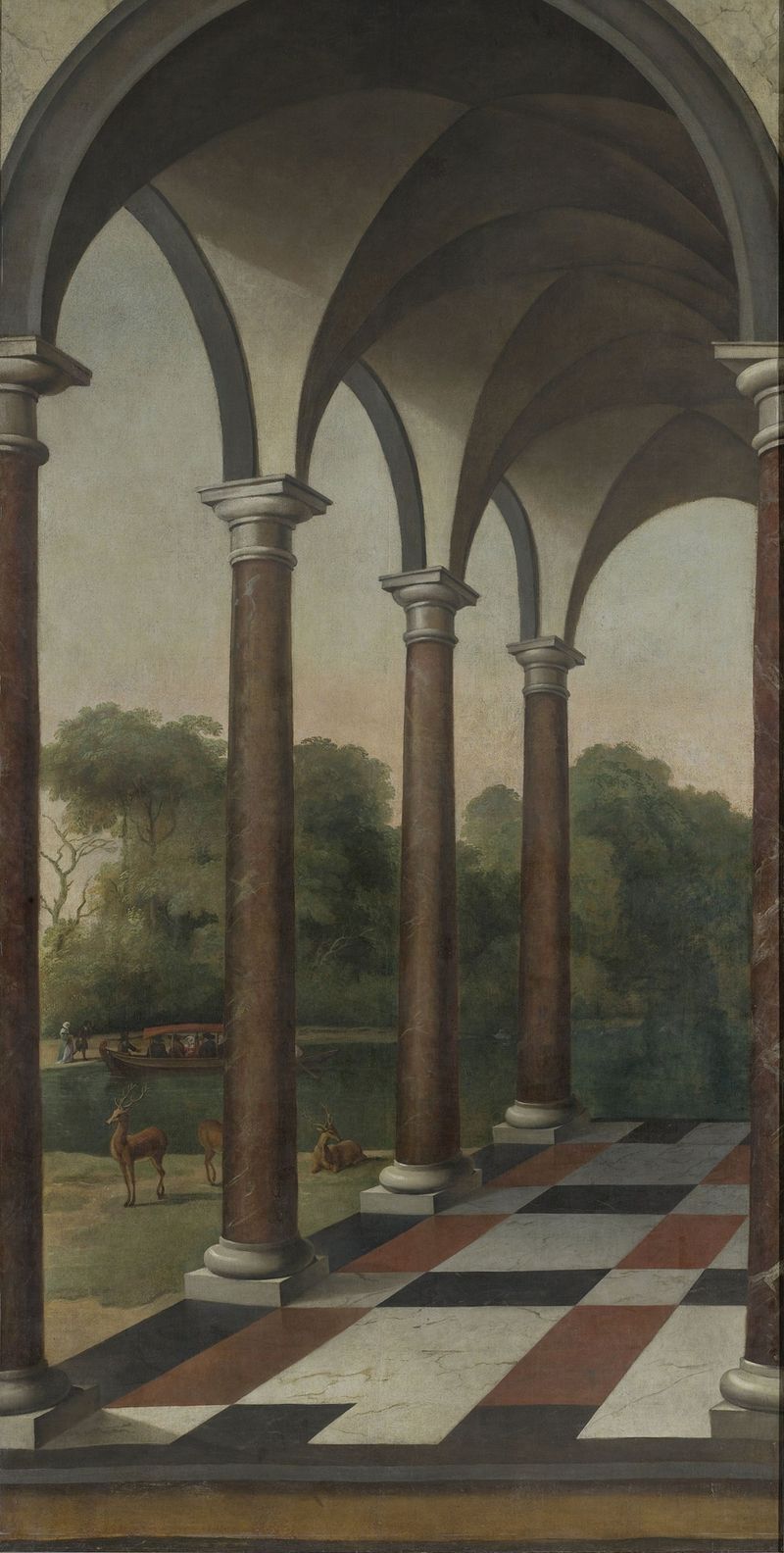 Colonnade giving onto a Park, óleo sobre lienzo de Barent Fabritius, con columnas y un parque exuberante.