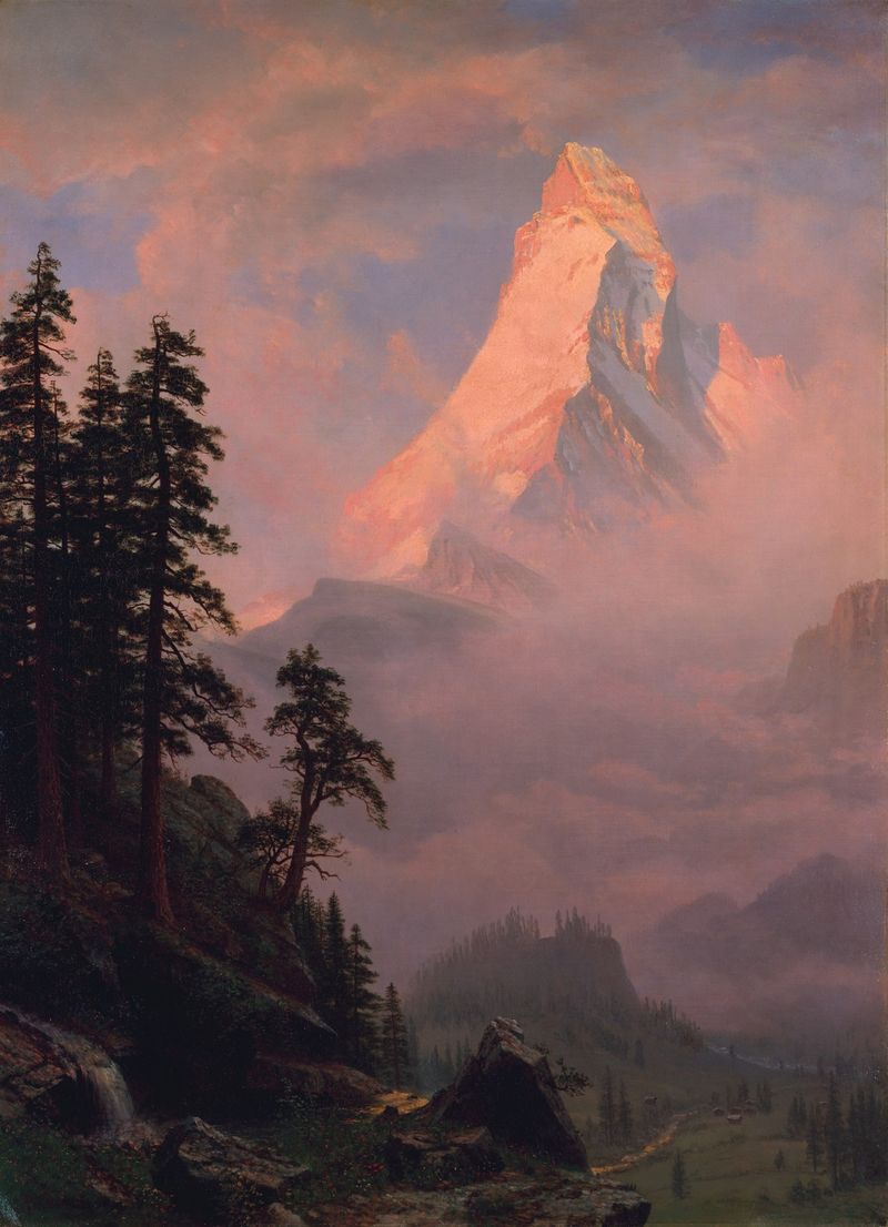 Nascer do sol no Matterhorn, óleo de Albert Bierstadt, mostrando a luz do amanhecer em uma montanha.