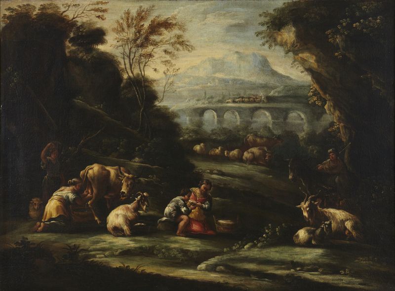 Paisaje de Philipp Peter Roos, óleo sobre lienzo, que representa suaves colinas y luz suave