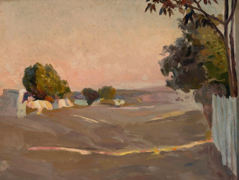Paisagem com casas e uma cerca, óleo sobre tela de Jan Stanisławski
