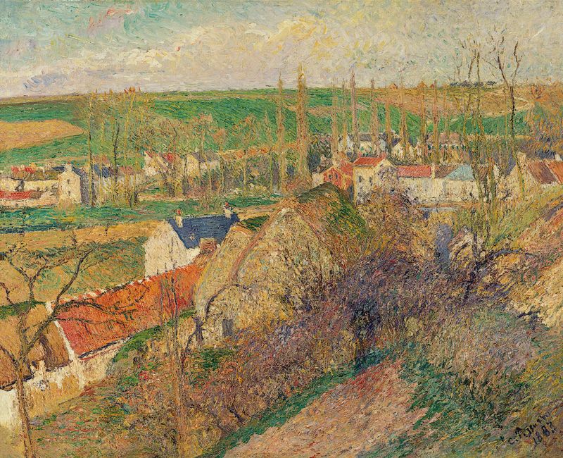 Vue Sur Le Village D’osny, óleo sobre tela de Camille Pissarro, retratando uma vila em uma vegetação enevoada.
