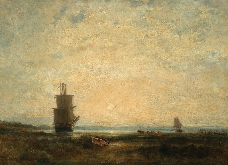 Barcos a la vista del atardecer, óleo sobre lienzo de Félix Ziem