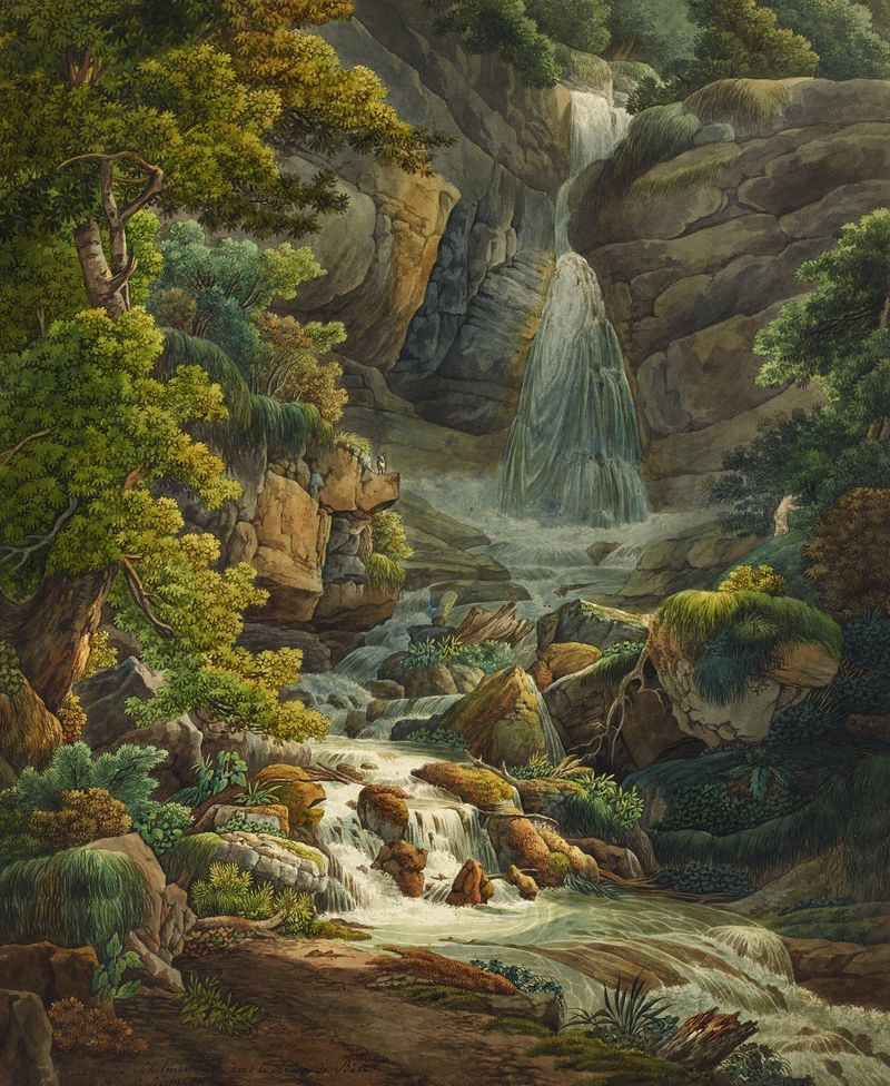 Escena de cascada de Peter Birmann, Romanticismo, pintura al óleo