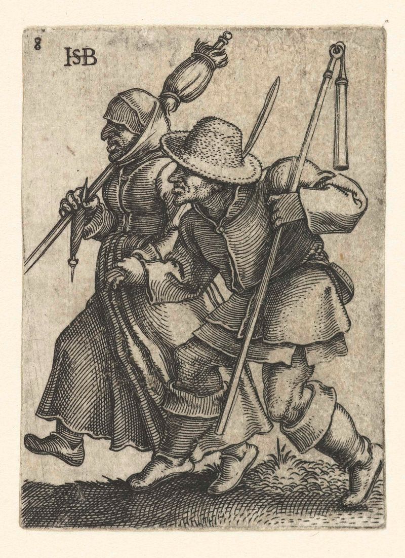 Grabado de Hans Sebald Beham que representa a una pareja bailando en un entorno rural