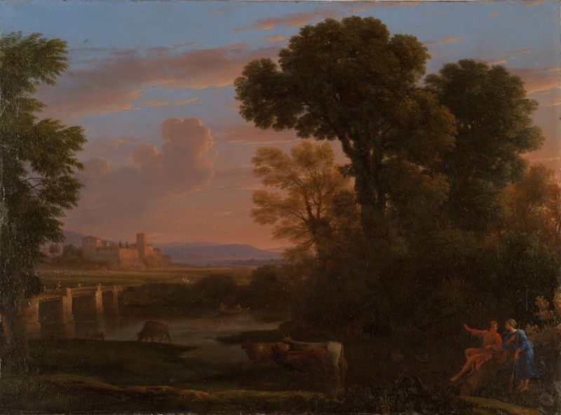 Pastoral Landscape by Claude Lorrain, oil on canvas showing a tranquil river and rolling hills