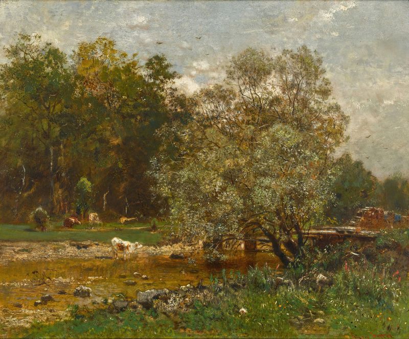 Ford over a River de Eugen Jettel, pintura al óleo que representa un paisaje de río tranquilo con reflejos.