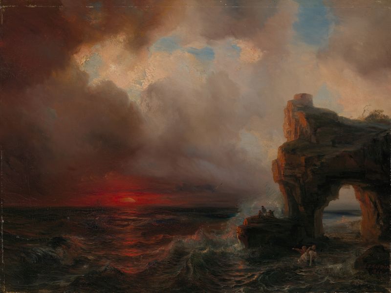 Stormweer bij ondergaande zon de Théodore Gudin, pintura al óleo que representa nubes en espiral y un atardecer brillante.