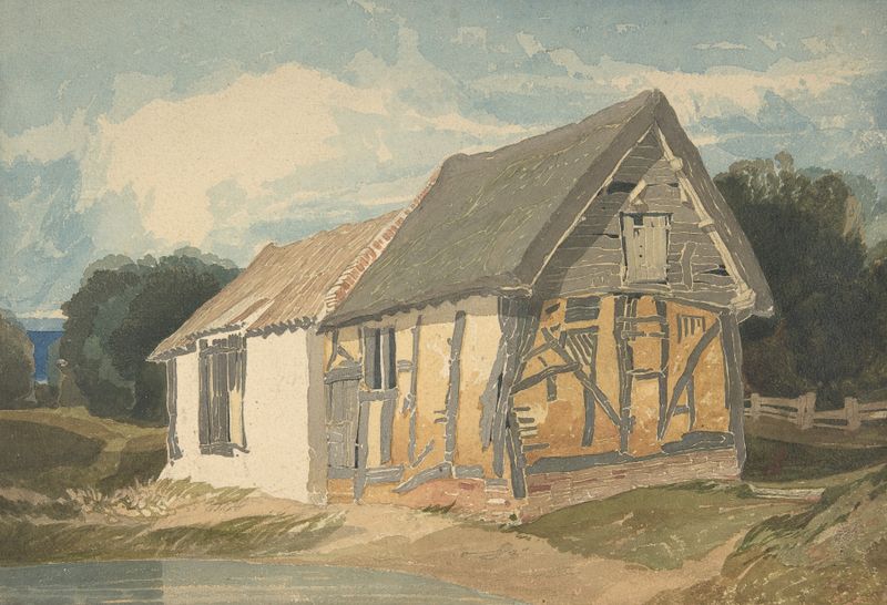 Farm Building by a Pond, óleo de John Sell Cotman, que muestra un tranquilo estanque y granja.