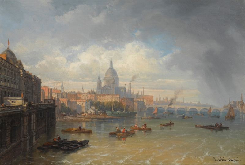The Thames with Somerset House and St Paul’s Cathedral, óleo sobre lienzo de Pierre-Justin Ouvrié