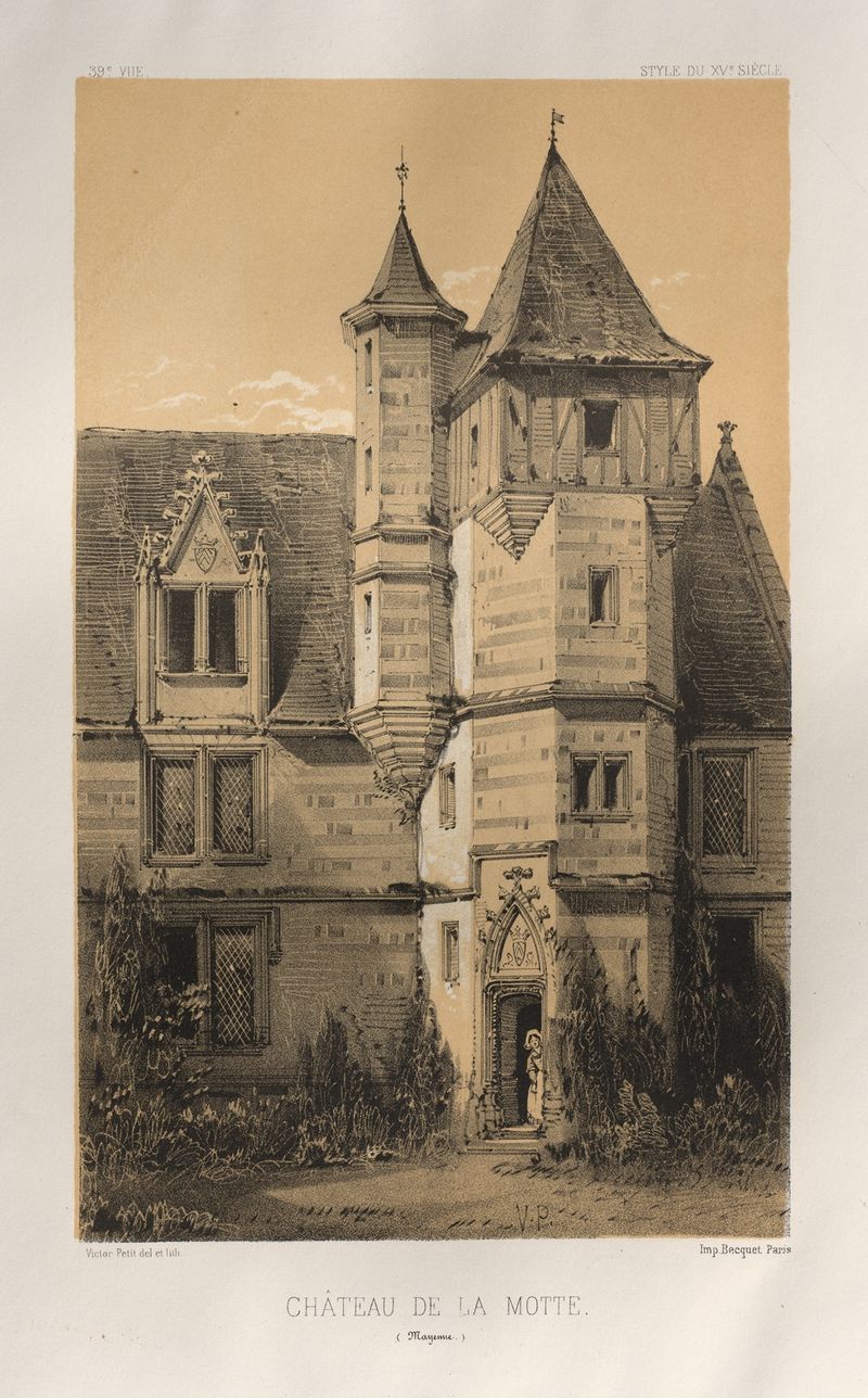 Château De La Motte de Victor Petit, pintura a óleo que retrata um château contra um vasto céu.