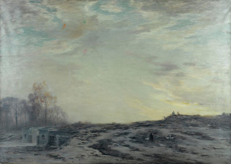 Paisaje óleo de Louis Henri Foreau que muestra fortificaciones cerca de París