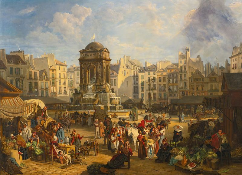 View of the market and Fontaine des Innocents, oil on canvas by John James Chalon