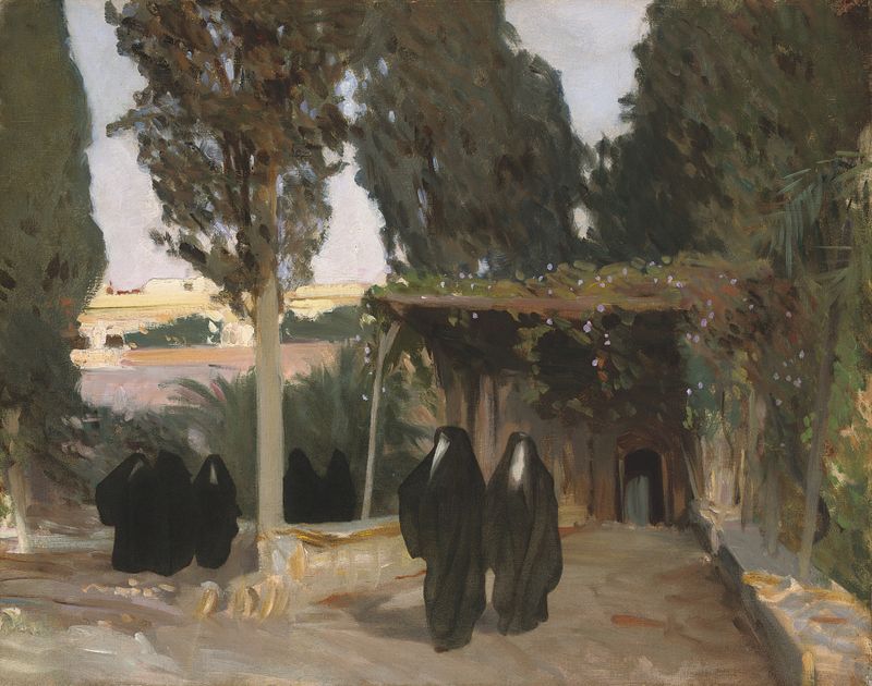 A shaded pathway in the Orient, óleo de John Singer Sargent, con vegetación exuberante y luz moteada.