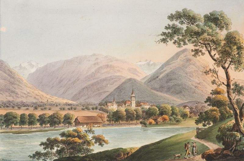 Paisagem de Vûe d’Interlaken de Jakob Samuel Weibel, meio desconhecido