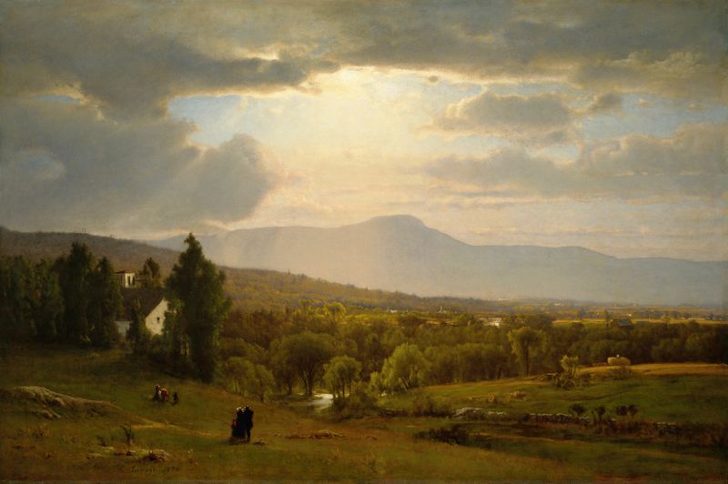 Catskill Mountains by George Inness, oil painting depicting serene mountains in twilight mist