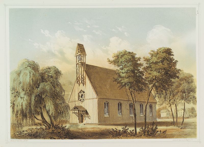Architectural details of a church in a lithograph by Sarony, Major & Knapp Lith.