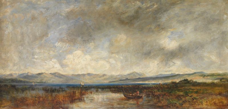 Lakescape with golden light and mountains by Eduard Schleich The Elder, oil painting