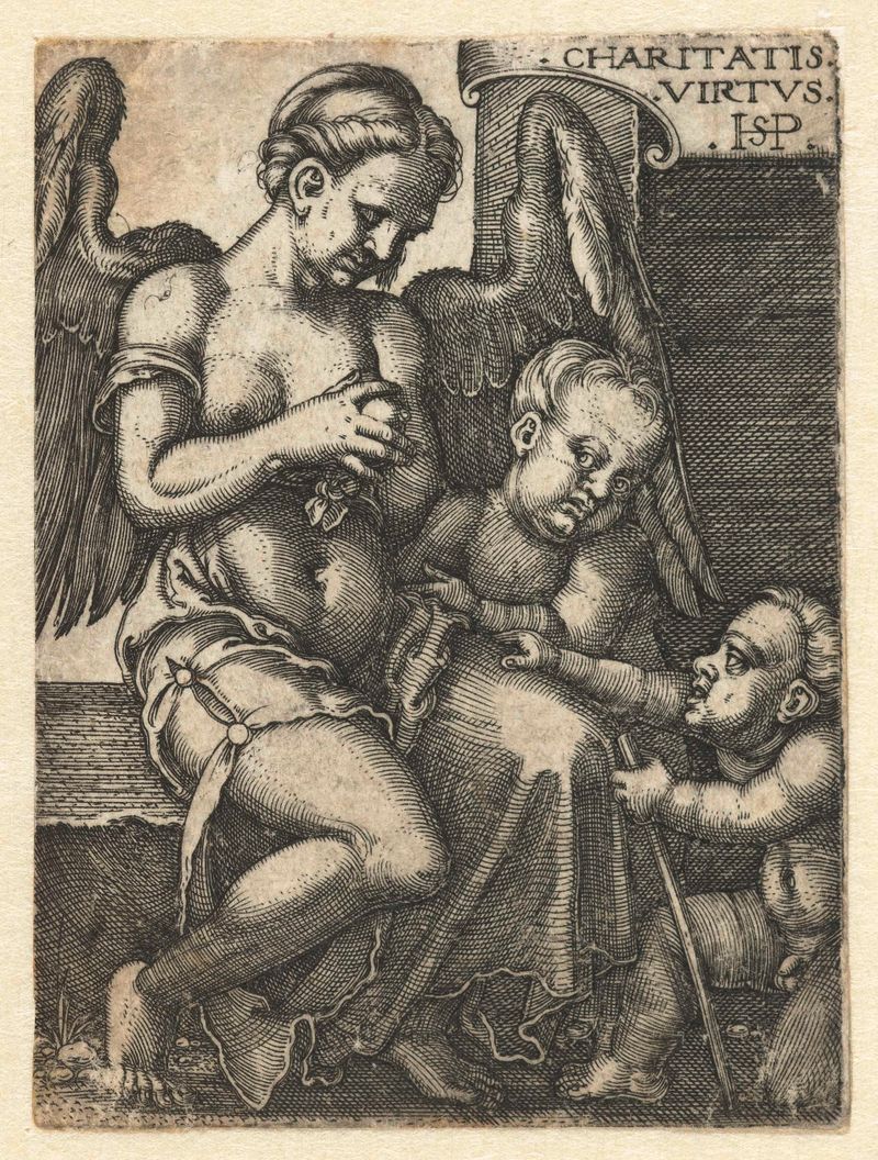 Gravura de Hans Sebald Beham mostrando duas figuras em um abraço protetor.