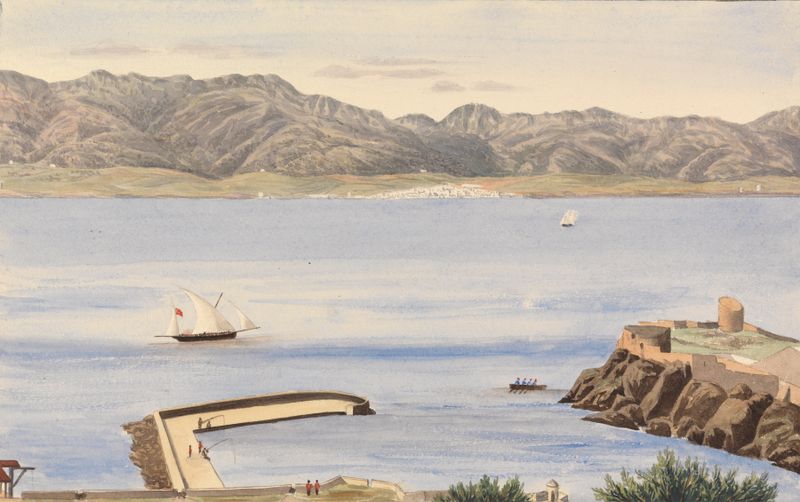 Marine scene of Rosia Bay, Gibraltar and Algeciras, Spain by George Lothian Hall, oil painting