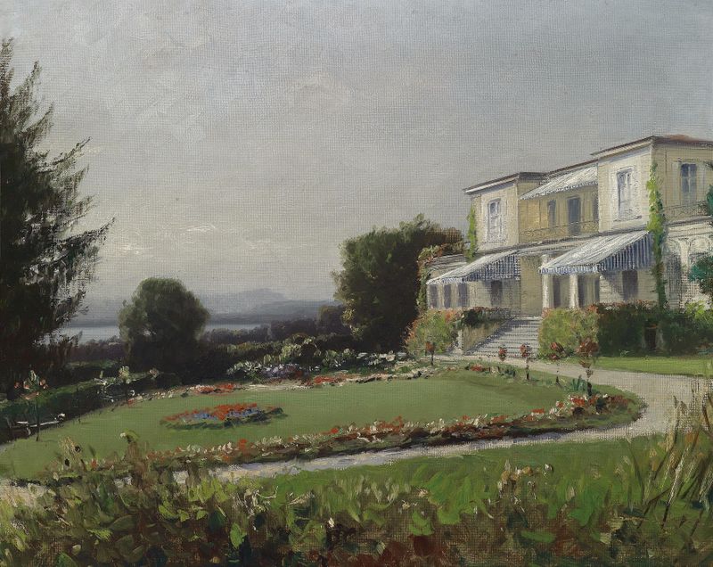 Landscape oil painting by Ludwig Willroider featuring soft greens and yellows.