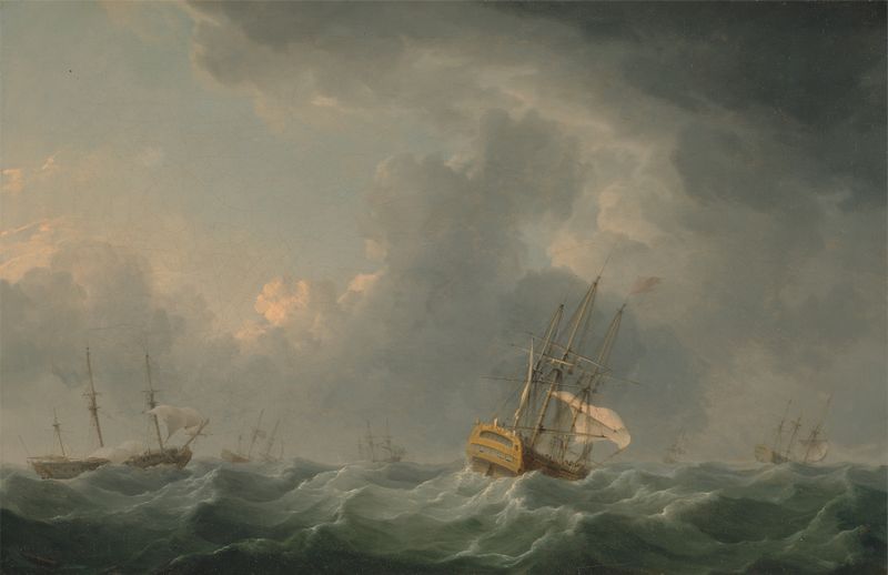 Oil painting by Charles Brooking depicting ships in a stormy sea