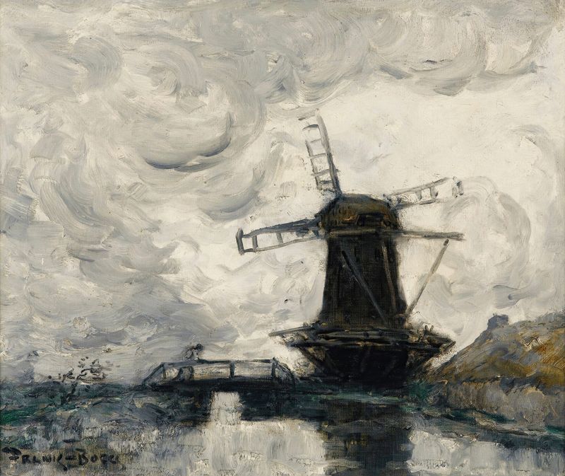Landscape of a mill at sunset, oil painting by Frank Myers Boggs