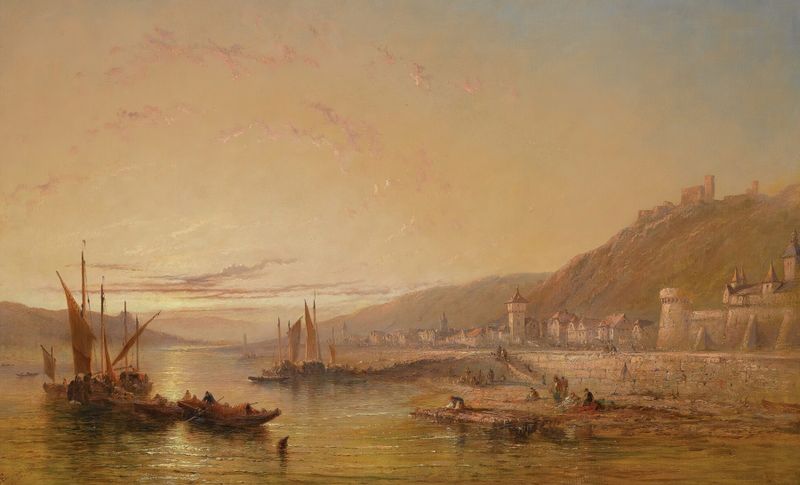 On The Rhine by James Edwin Meadows, oil painting depicting a tranquil river landscape.