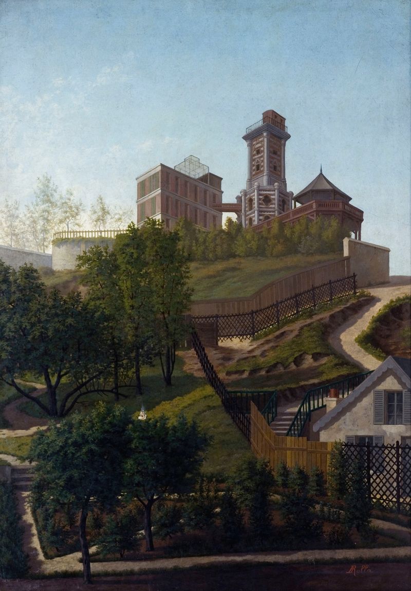 La Tour Solférino, à Montmartre de Léon Rolla, pintura a óleo que retrata uma torre e vegetação sob um céu ensolarado.