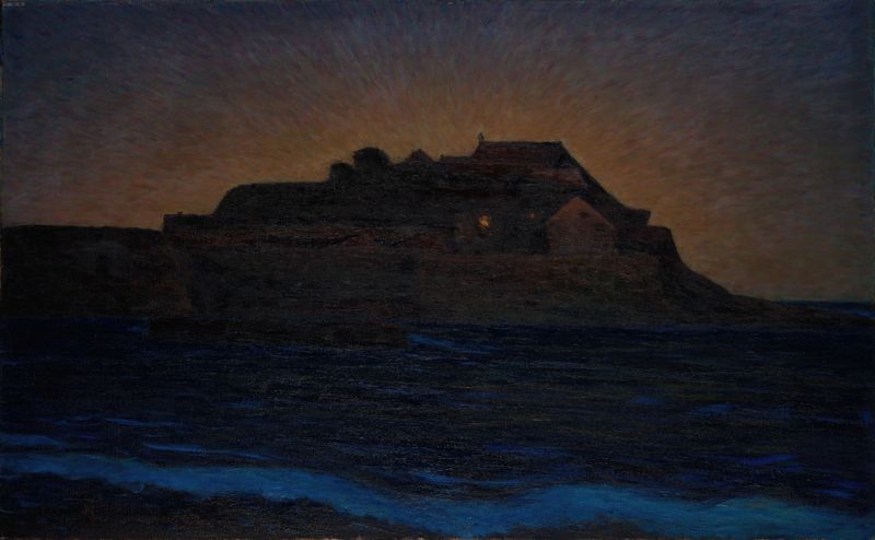 The Fortress at Varberg by Karl Nordström, oil on canvas depicting rugged stone walls and sunlight.