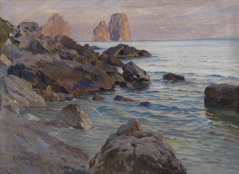 Marine scene with coastal rock formations and blue waves by Paul Von Spaun