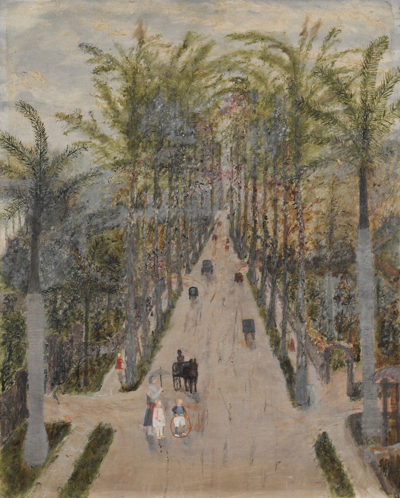 Landscape featuring a sunlit pathway flanked by palms, oil painting by Frank E. Case