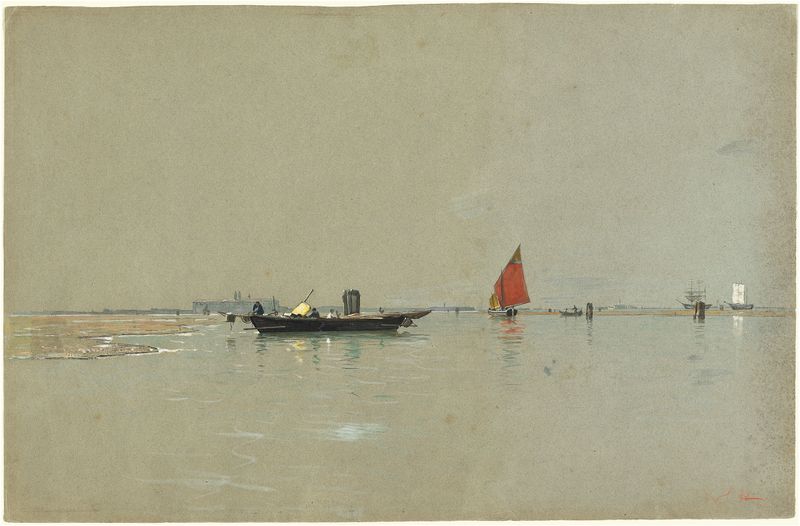A Venetian Lagoon de William Stanley Haseltine, óleo sobre tela que retrata água tranquila e reflexos do pôr do sol.