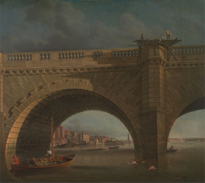 Arches of Westminster Bridge by Samuel Scott, Rococo, depicting a bridge with reflections at sunset