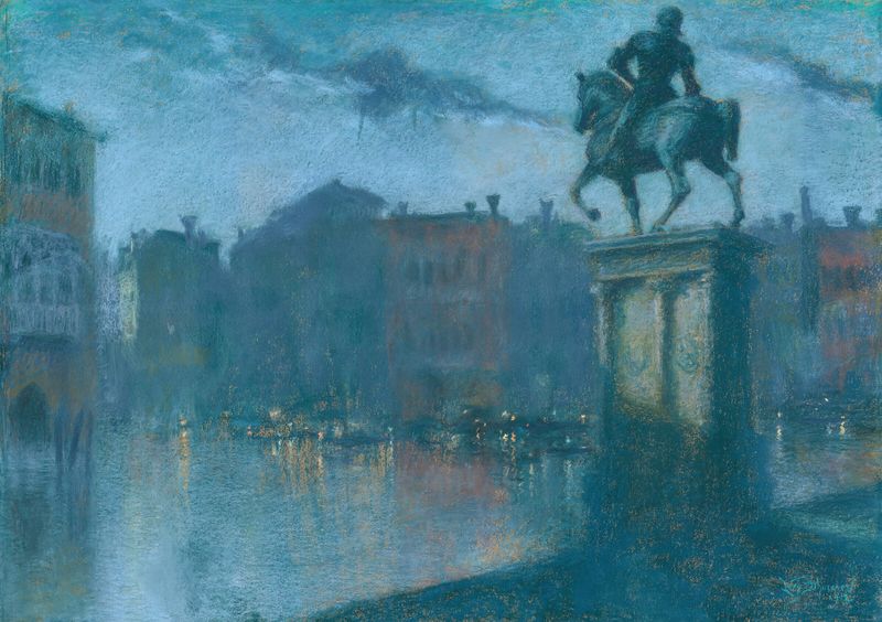 Campo Santi Giovanni e Paolo, Venice at dusk, oil painting by Lucien Lévy-Dhurmer