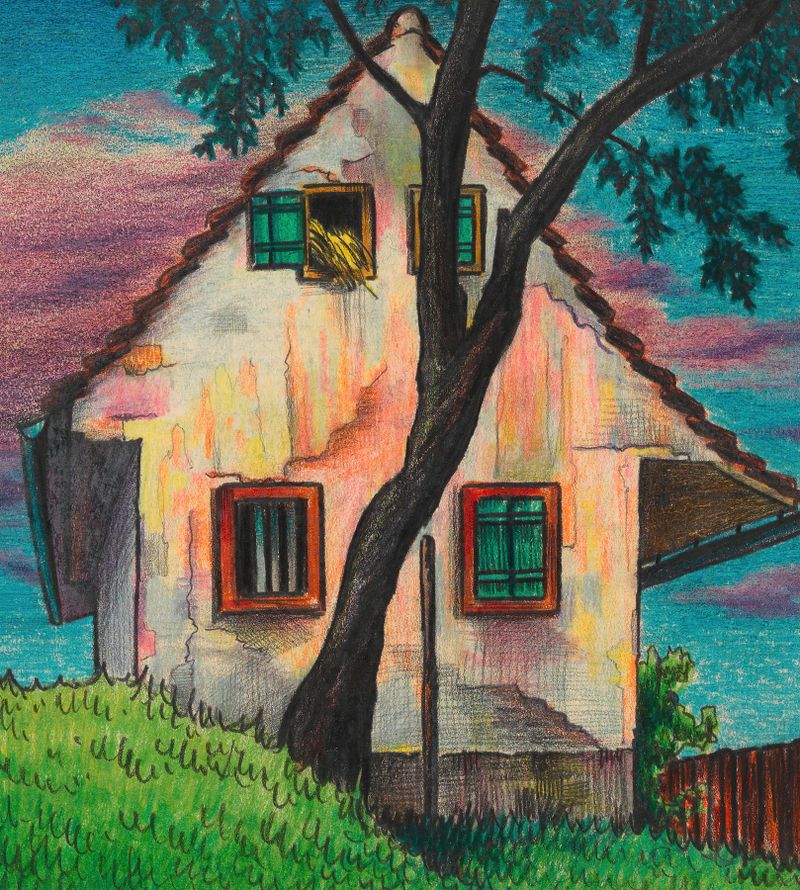 Pintura al óleo de paisaje de Karl Wiener que representa una casa al atardecer